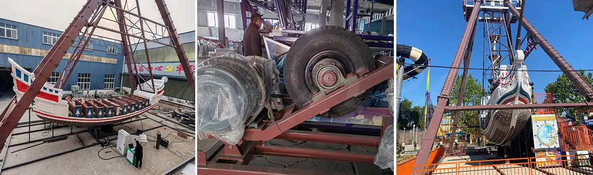 Pirate ship amusement ride under construction and maintenance inside factory workshop