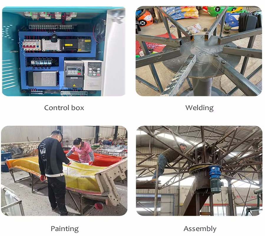 Processo de fabricação do carrinho de paraquedista mostrando a caixa de controle, a soldagem, a pintura e a montagem