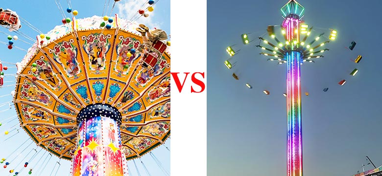 Colorful carnival swing ride compared with a tall swing tower ride, showcasing the design and thrill differences between the two attractions.