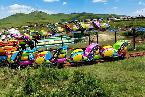Caterpillar themed backyard roller coaster with bright green and yellow cars for children