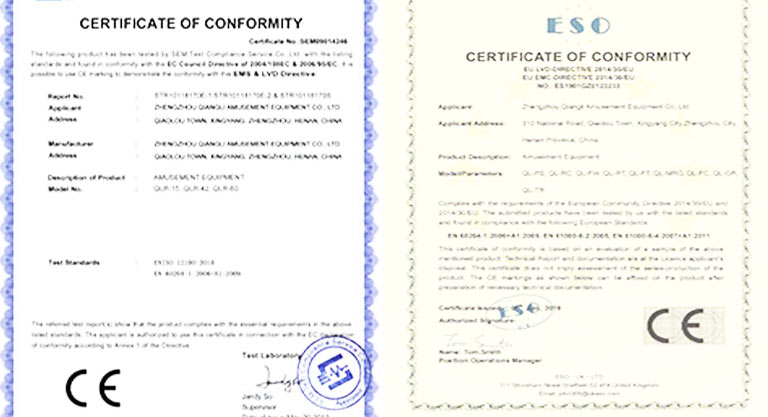 CE Certificate of Conformity for Carnee Rides Drop Tower – Compliant with European Safety Standards
