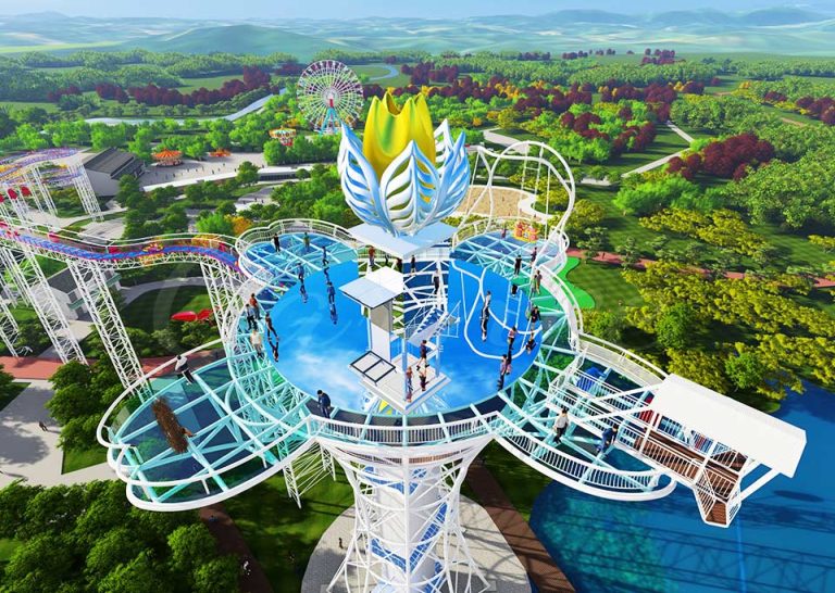 Top view of customized observation tower with glass deck and visitors enjoying 360° view
