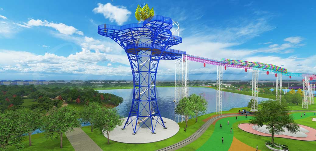 Customized observation tower by the lake with rainbow slide attraction