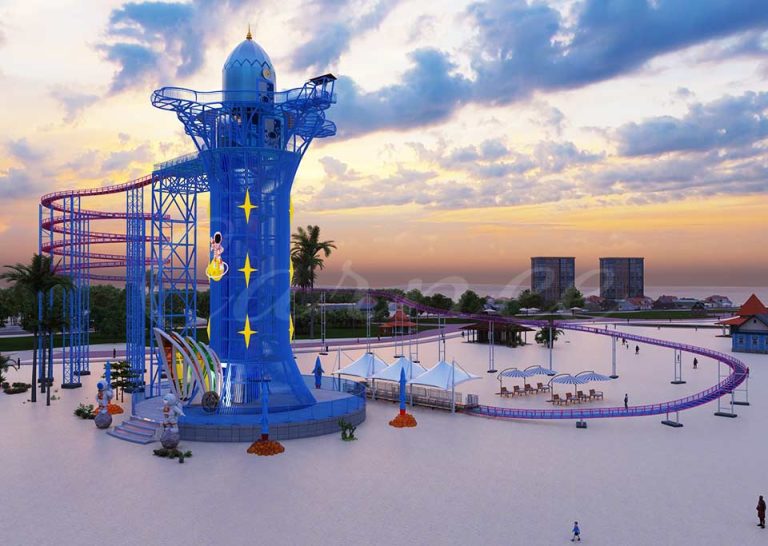 Customized observation tower with LED lighting in a theme park at sunset