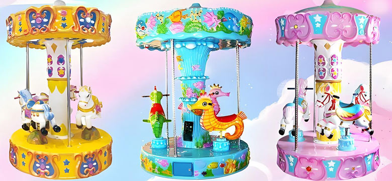 Different styles of coin operated carousel rides with horses and sea animals for children