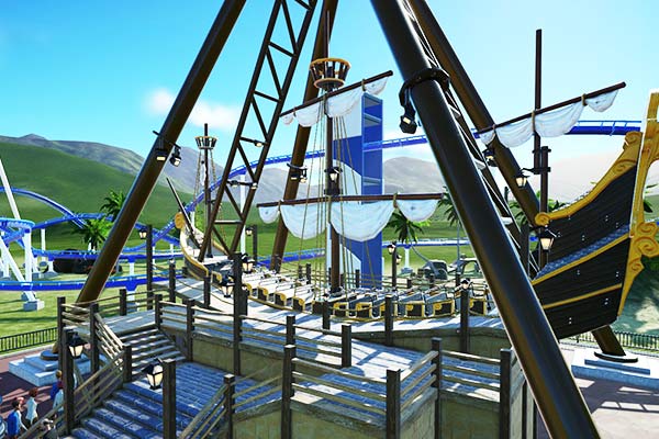 Pirate cove backyard roller coaster theme with ship design and nautical decorations