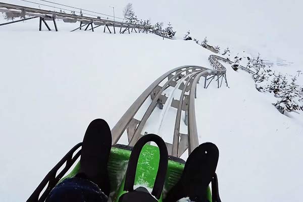 Arctic snow backyard roller coaster theme with winter track and icy landscape