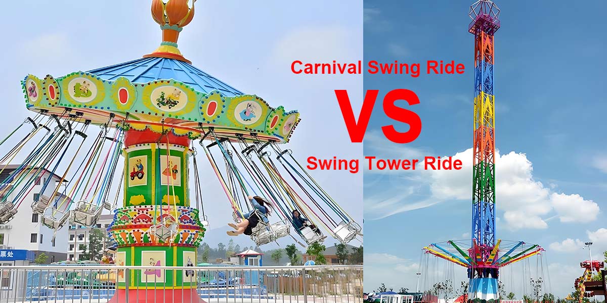 Comparison of a traditional wave swinger and a modern swing tower ride illuminated with lights, showing the contrast in height and thrill level.