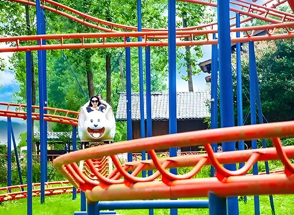 Wild Mouse roller coaster ride with cartoon-style car running on compact red track in amusement park