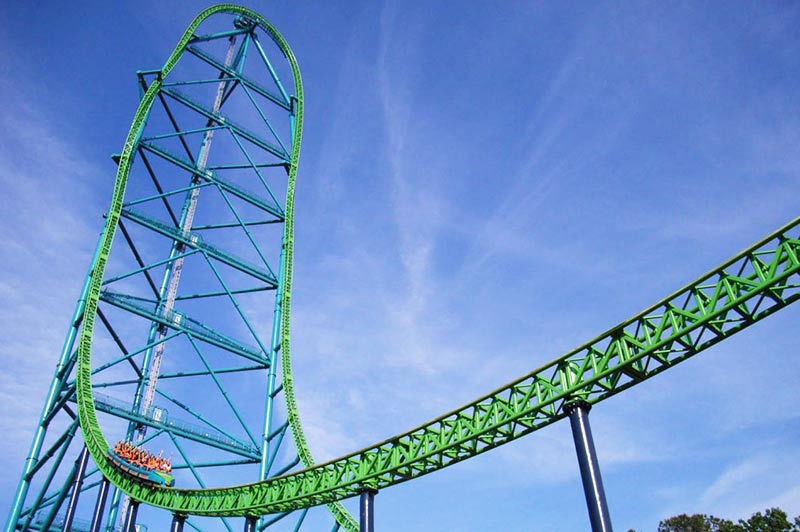 Roller coaster Kingda Ka di Six Flags Great Adventure, coaster tertinggi di dunia dengan ketinggian 456 kaki dan mencapai kecepatan 128 mph.