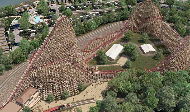 Steel Vengeance di Cedar Point, roller coaster hibrida pertama di dunia yang menggabungkan jalur kayu dan baja, dengan turunan curam dan pembalikan.