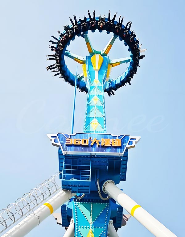 360 degree big pendulum ride rotating upside down with riders enjoying thrilling motion.