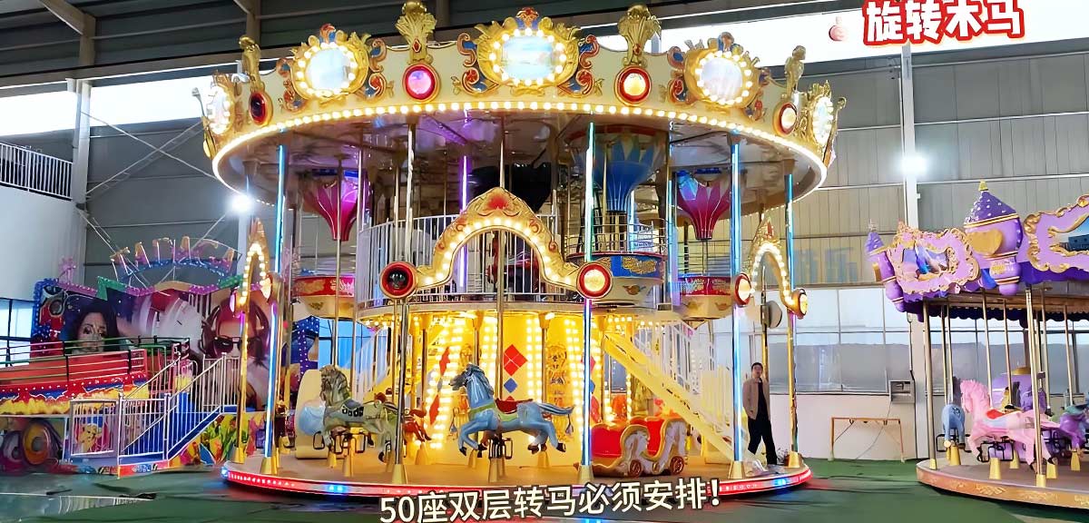 A 50-seat double-decker carousel in California with a vibrant and colorful design, ready for installation in an amusement park