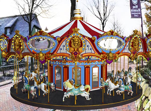 32 luxury merry go round carousels installed in France, offering a stunning amusement ride experience with beautifully designed horses and vibrant colors.