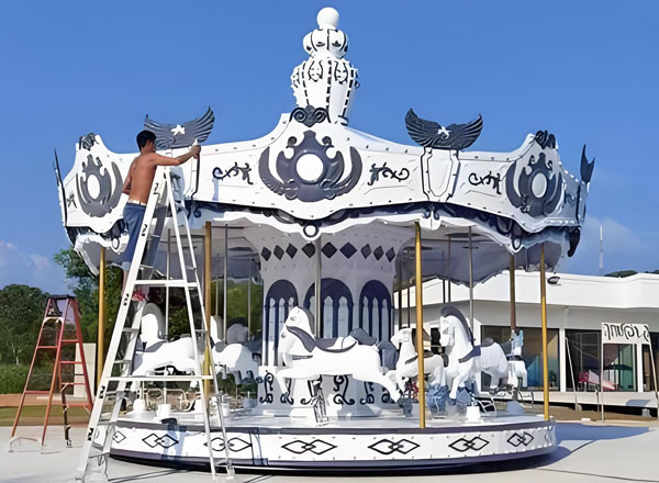 Customized carousel carnival ride installation with colorful horses in Algeria, ideal for amusement parks and family entertainment areas.