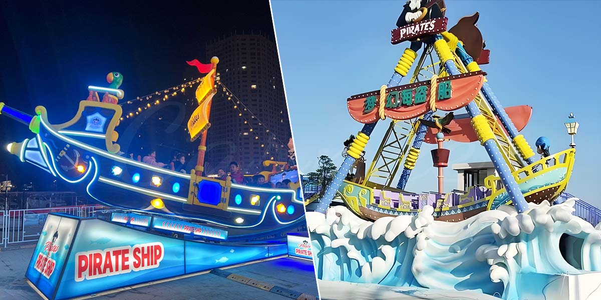 Два красочных аттракциона "Пиратский корабль" от компании Carnee Rides, работающие в ночное и дневное время, со светодиодными огнями и тематическим оформлением в виде океанских волн.