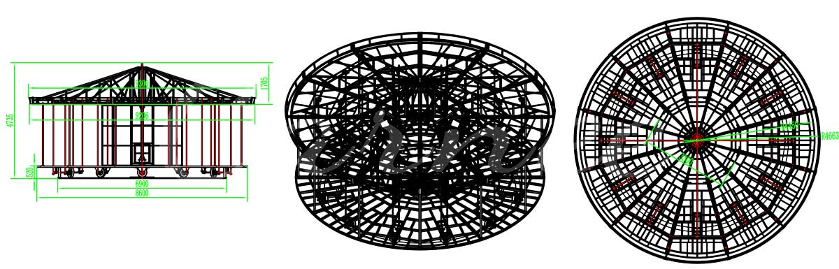 3D technical drawing of a carousel design, showcasing the mechanical layout and engineering details of the ride