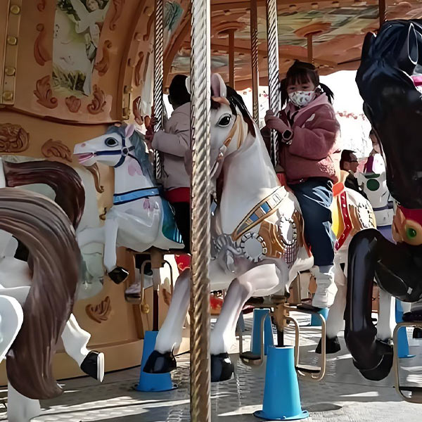 Children enjoying a classic carousel ride, smiling while riding beautifully designed horses at an amusement park