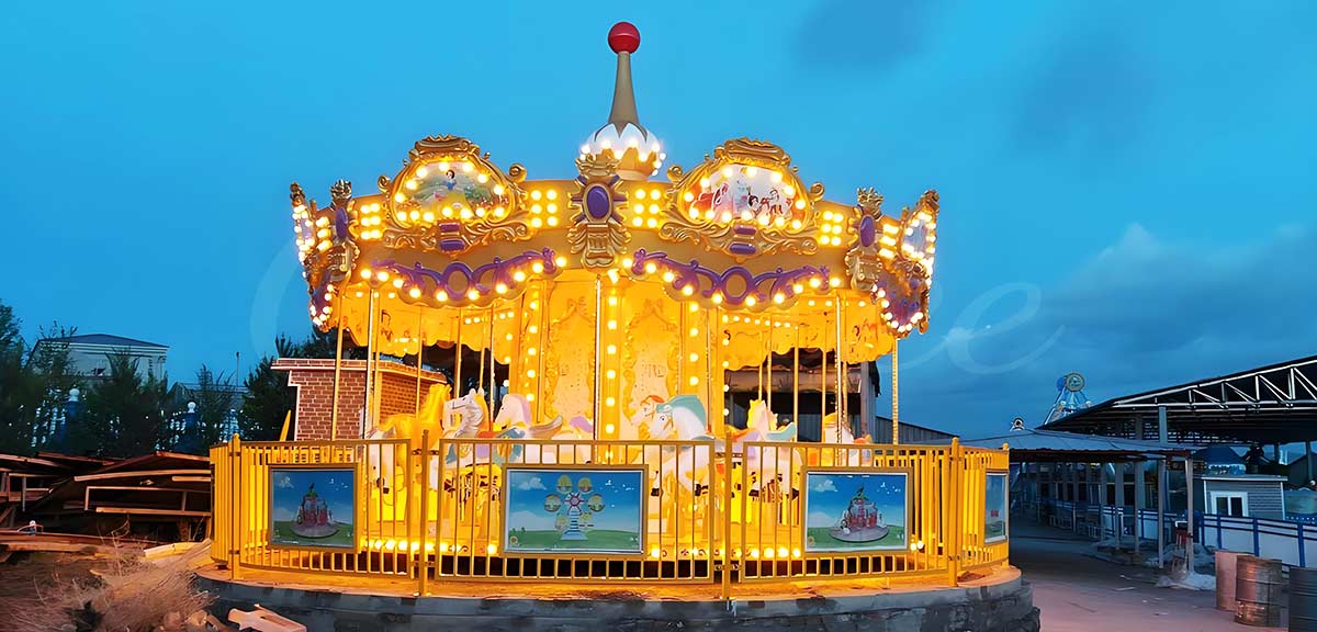 Colorful carousel merry-go-round ride with bright lights at amusement park for families and children.