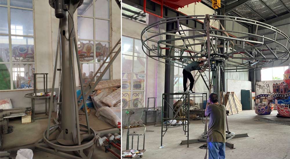 Connecting the umbrella frame and center pole of a 16-seat merry-go-round using bolts for firm support