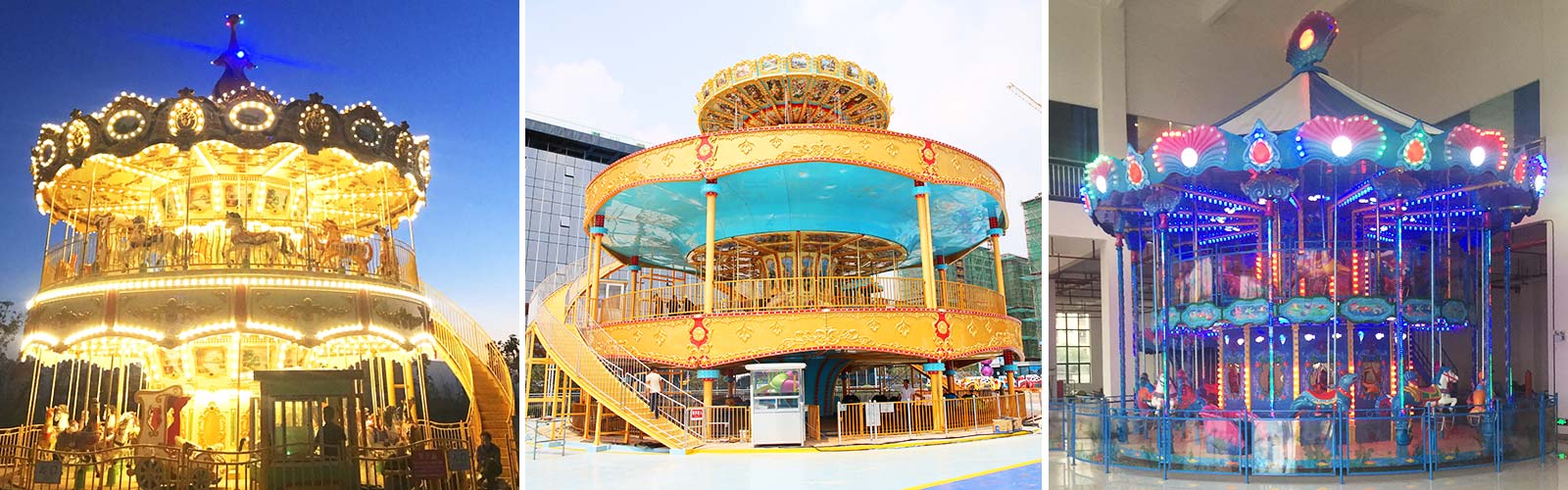 Custom double-decker carousel ride designs by Carnee Rides featuring fantasy, ocean, and palace themes with vibrant lighting and detailed craftsmanship