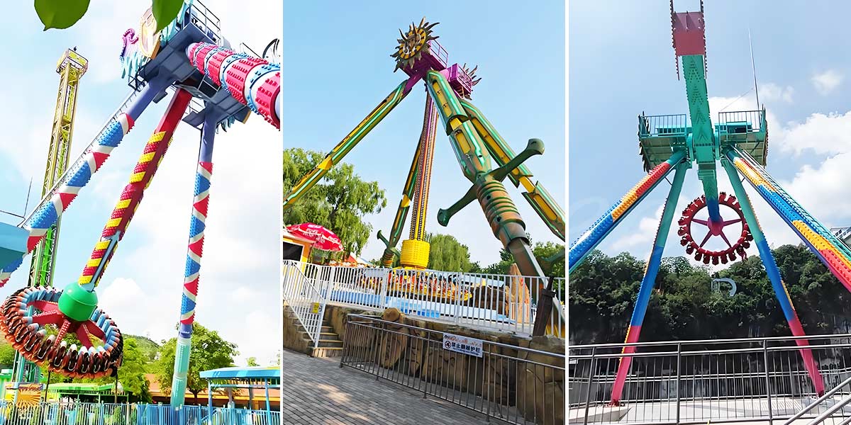 Different types of pendulum rides including frisbee and discovery pendulum models at various theme parks.