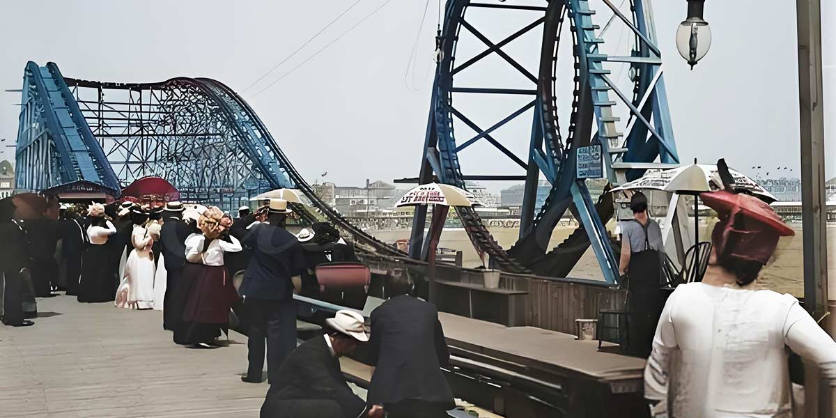 Vintage roller coaster at Coney Island showing the early design and wooden track structure, historical amusement ride evolution