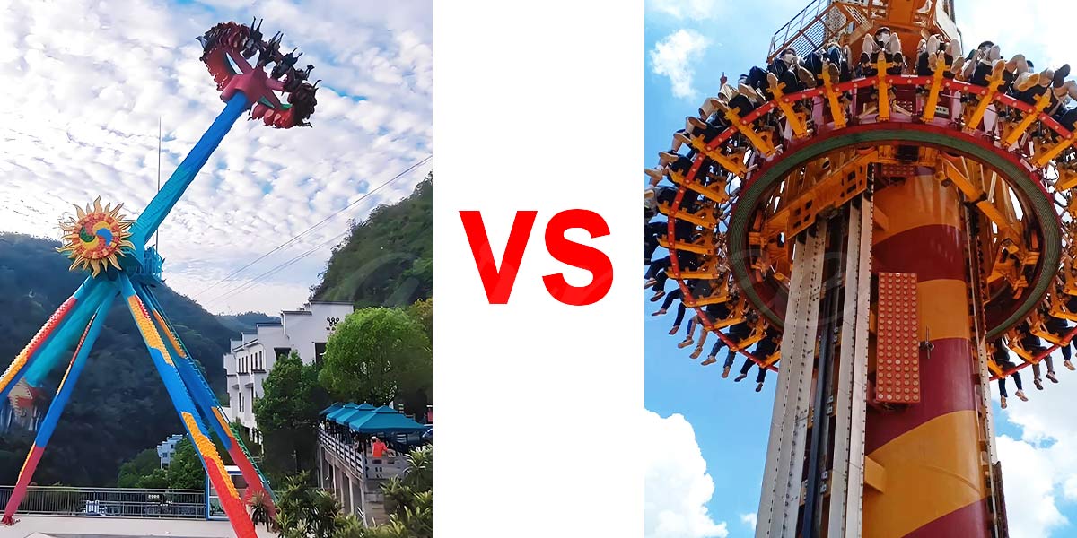 Comparison image showing pendulum ride and drop tower ride side by side highlighting their different motion styles