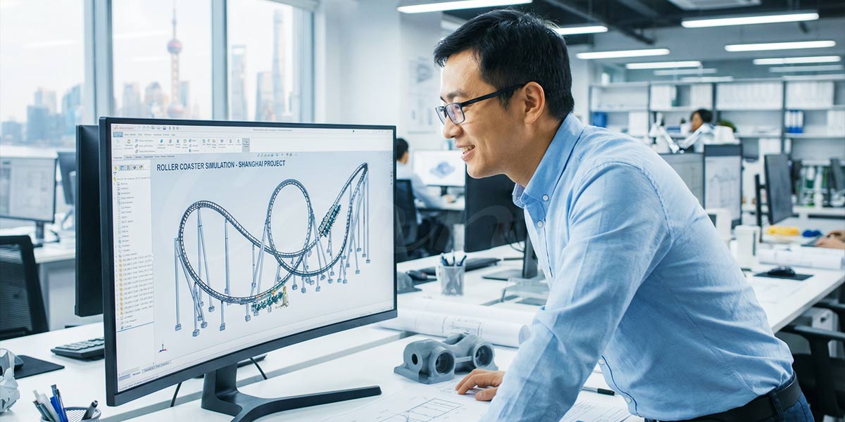 A professional roller coaster engineer reviewing a 3D CAD track simulation and layout design for a new theme park ride.