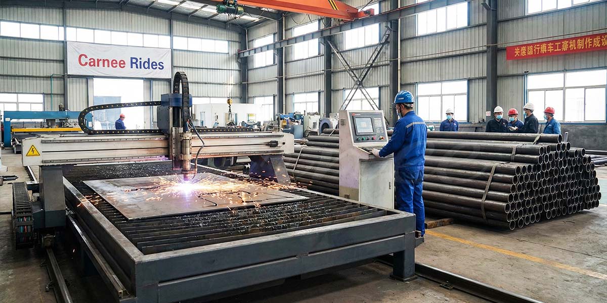 Carnee Rides factory workers using high-precision CNC machines to cut heavy steel plates for custom roller coaster manufacturing.