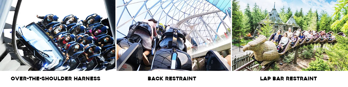 Comparaison de trois types de dispositifs de retenue pour les montagnes russes, y compris le harnais d'épaule, le dispositif de retenue dorsale et le dispositif de retenue à barre abdominale pour la sécurité du passager.