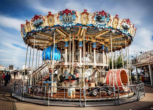 Luxury vintage double decker carousel in France theme park, featuring hand-painted horses and elegant two story design — a popular double decker carousel for sale by Carnee Rides.
