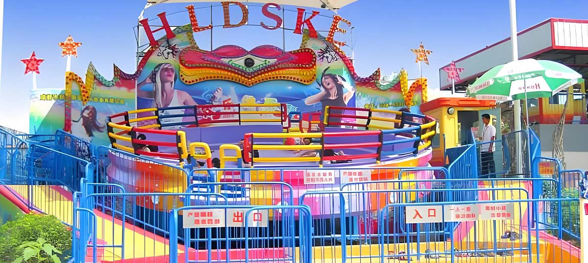 A close-up of the 40-seat large Tagada disco ride installed in Libya, showcasing the custom LED lighting design.