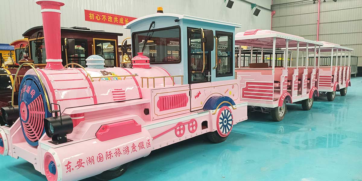 Passeio de trem sem trilhos rosa feito pela carnee rides