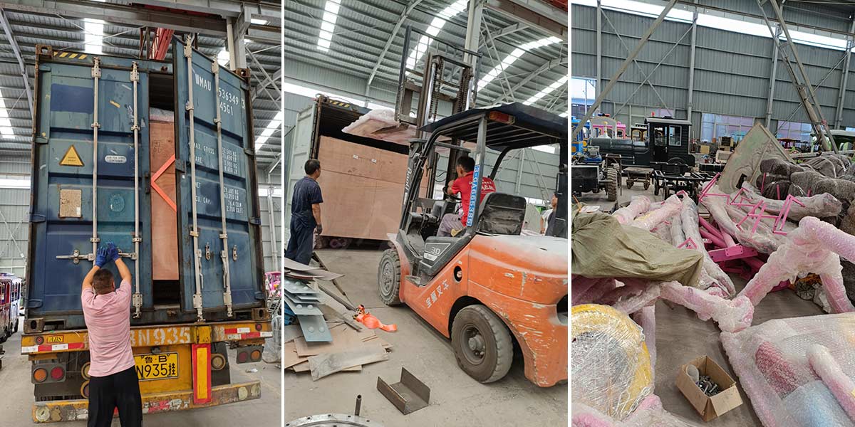Carga de contenedores de atracciones en la fábrica de Carnee Rides para un proyecto en Etiopía