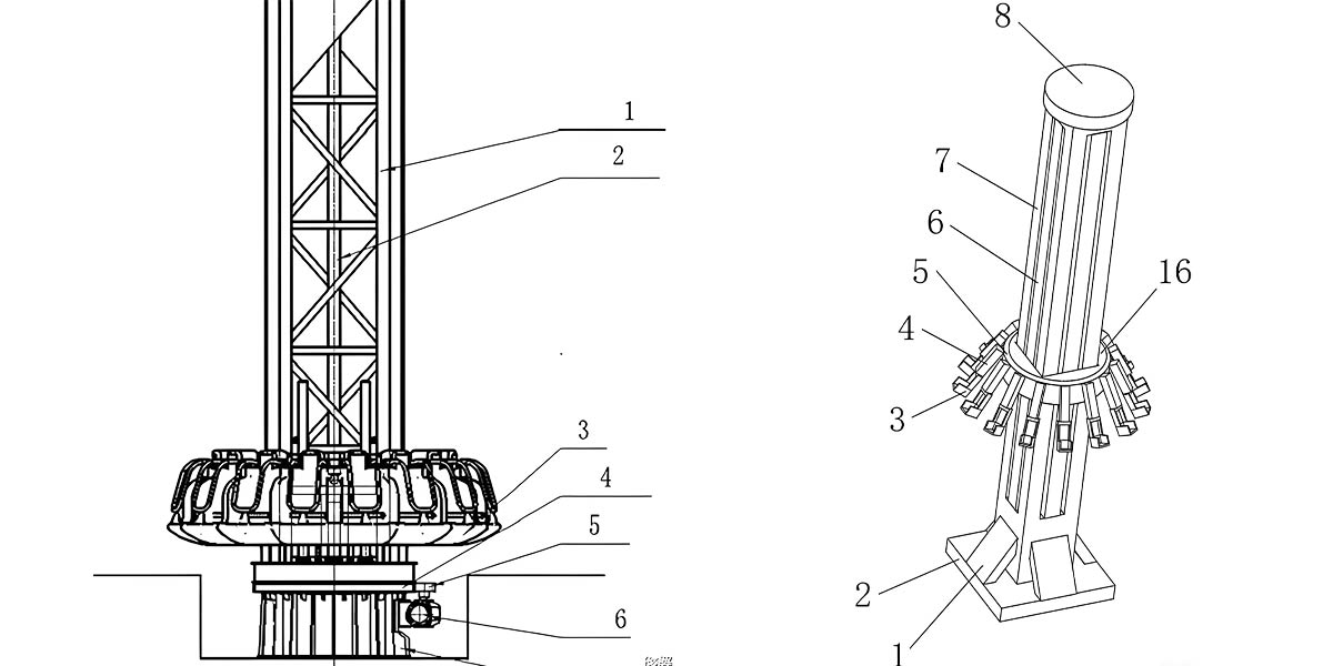 Schéma technique montrant les principaux éléments structurels d'un manège à tour de chute