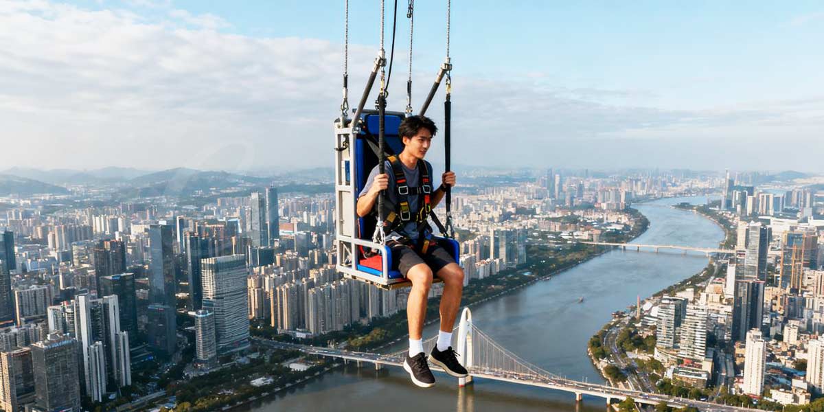 Siège de passager dans une nouvelle tour de chute à haute altitude surplombant une ville