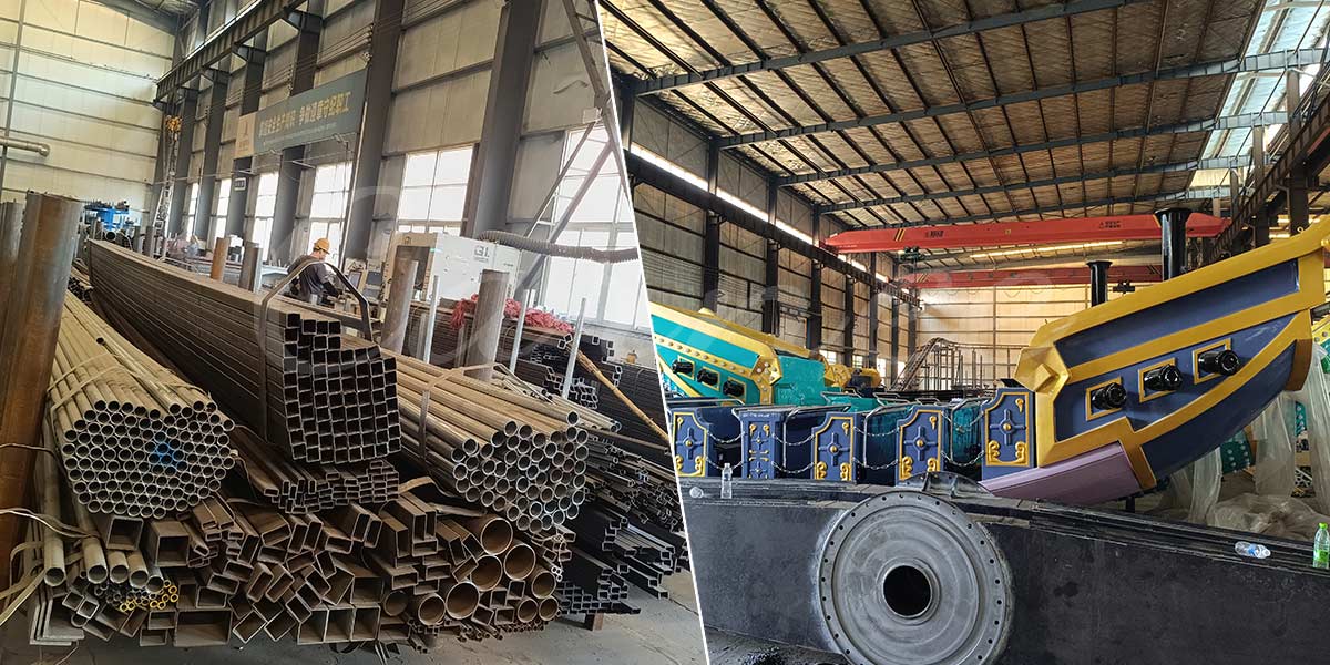 Fábrica da Carnee Rides mostrando estruturas de aço galvanizado e um navio pirata (Swinging Galleon) em produção, garantindo a conformidade com a UKCA e a EN 13814 para exportação para a Europa.