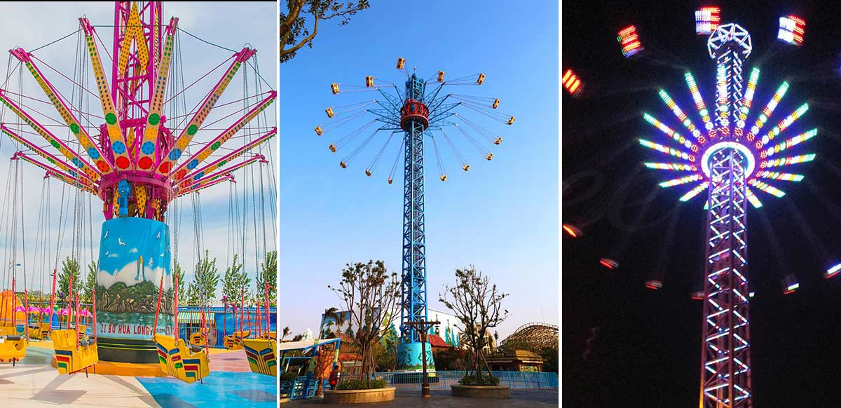 Несколько видов на возвышающиеся вертикальные качели Star Flyer, работающие днем и ночью. Обеспечивая интенсивное вращение на большой высоте при очень малой занимаемой площади, они являются главным выбором для городских парков развлечений, не имеющих выхода к морю.