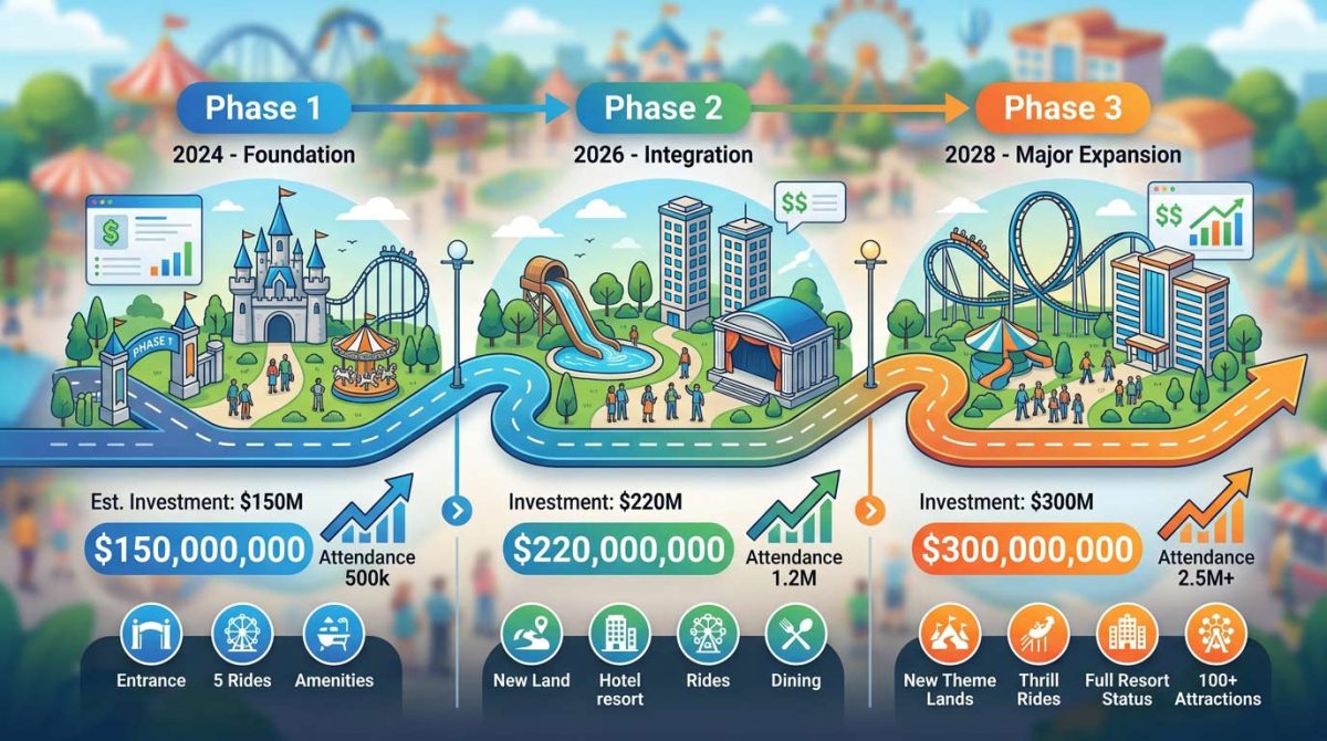 Calendrier de développement progressif des parcs à thème indiquant les phases d'expansion stratégique, l'affectation des investissements et la croissance prévue de la fréquentation.