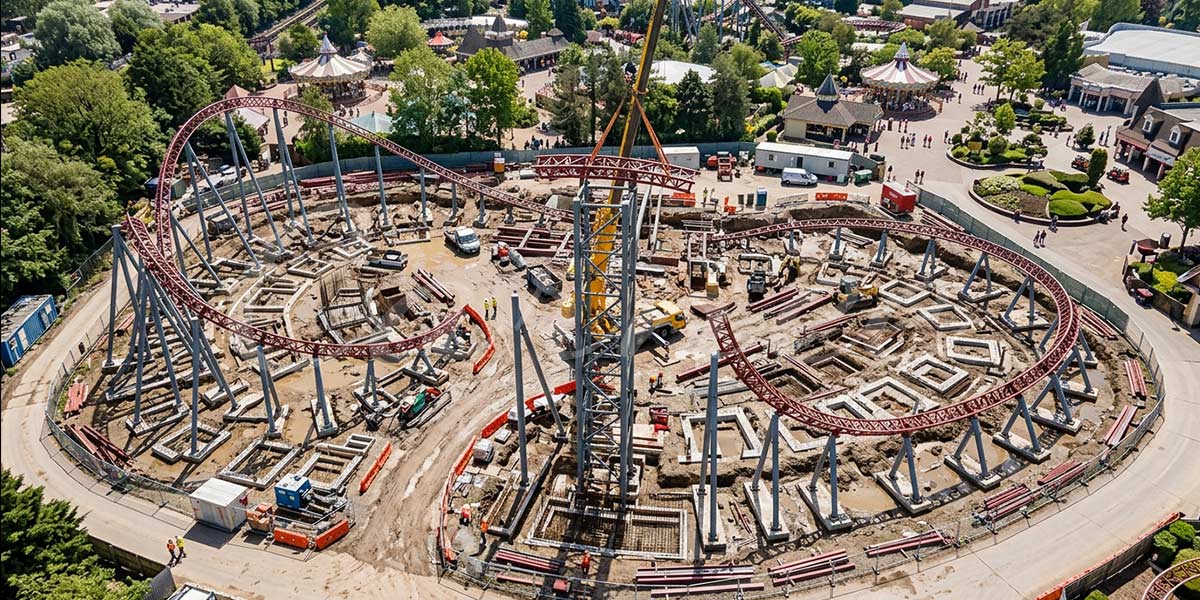 На строительной площадке американских горок показана сборка стальных рельсов и работа крана в процессе строительства