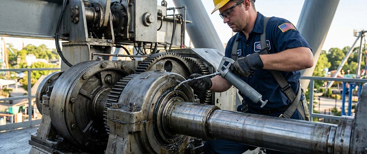 Teknisi melumasi gearbox dan bantalan poros utama selama perawatan pendulum naik