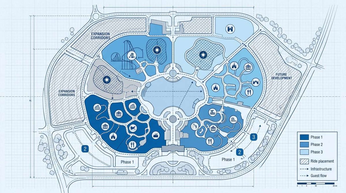 Plan directeur du parc à thème montrant les zones de développement progressif et le placement stratégique des manèges pour un retour sur investissement maximal.