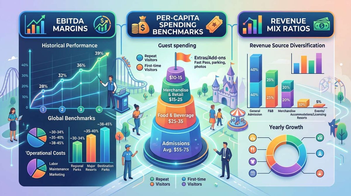 Infographie sur la rentabilité des parcs à thème montrant les marges d'EBITDA et les dépenses par habitant à l'horizon 2026