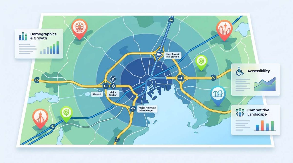 Carte d'analyse de la sélection des sites de parcs à thème montrant les zones de chalandise, l'accès aux transports et les données démographiques du marché.
