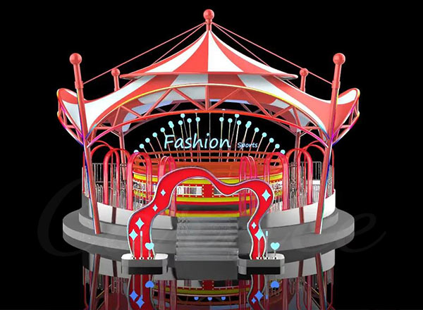 3D-проект аттракциона Crazy Round Disco с красно-белым навесом на крыше циркового шатра.