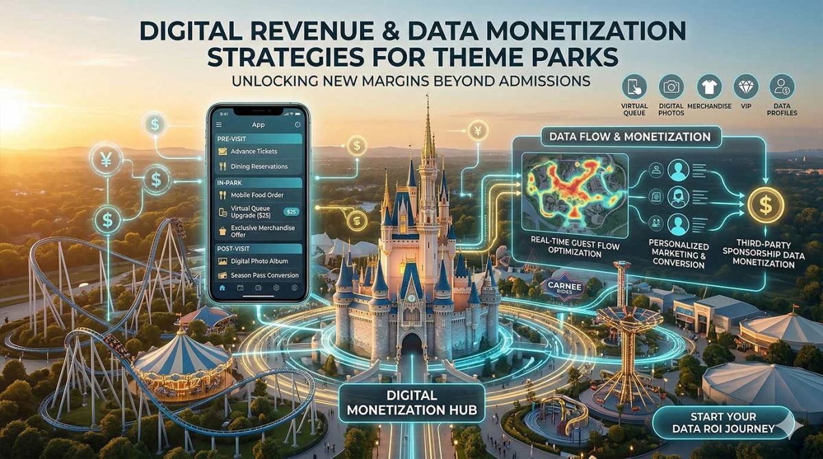 Une infographie professionnelle réalisée par une usine chinoise de manèges illustrant les revenus numériques et les stratégies de monétisation des données pour les parcs à thème au-delà des entrées. Elle montre un château central entouré de montagnes russes, d'un carrousel et de manèges plats. L'interface d'une application pour smartphone bien en vue présente des fonctions pour les services avant, pendant et après la visite, comme les billets, les repas, les commandes de nourriture, les améliorations de la file d'attente virtuelle, les marchandises et les photos numériques. Une section consacrée au flux de données et à la monétisation présente une carte thermique pour l'optimisation du flux de visiteurs en temps réel, le marketing personnalisé et la monétisation des données de tiers, liée à un centre de monétisation et au flux de devises ($ et ¥). Un appel à l'action pour "COMMENCER VOTRE VOYAGE DE ROI DES DONNÉES" est inclus.