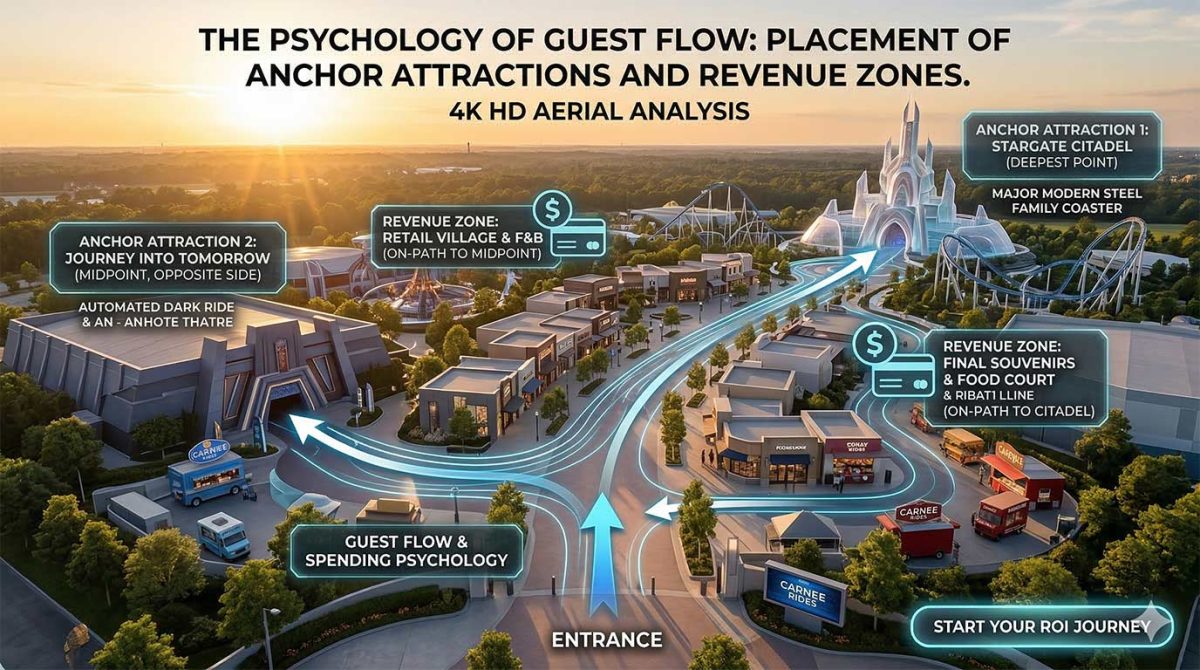 Rendu aérien 4K de haute qualité d'un parc à thème moderne illustrant l'optimisation des flux de visiteurs et des stratégies d'aménagement. Des flèches bleues semi-transparentes indiquent les principales voies d'accès, démontrant le flux des visiteurs et la psychologie des dépenses. L'entrée conduit les visiteurs à travers des zones de revenus stratégiquement placées, y compris des villages de vente au détail et des aires de restauration F&B. Les attractions principales sont positionnées de manière à maximiser le flux de visiteurs. Les principales attractions sont placées de manière à maximiser le trafic piétonnier : une attraction sombre au milieu du parc ("Journey Into Tomorrow") et un château massif avec un grand huit en acier au point le plus profond du parc. L'aménagement montre comment forcer le trafic entre les parcs pour maximiser le retour sur investissement, avec la marque subtile de Carnee Rides visible sur les structures du parc.