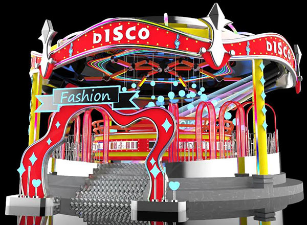 Концептуальный 3D-дизайн премиального аттракциона tagada funfair крупным планом, подчеркивающий иммерсивное светодиодное освещение и изготовленную на заказ входную конструкцию.