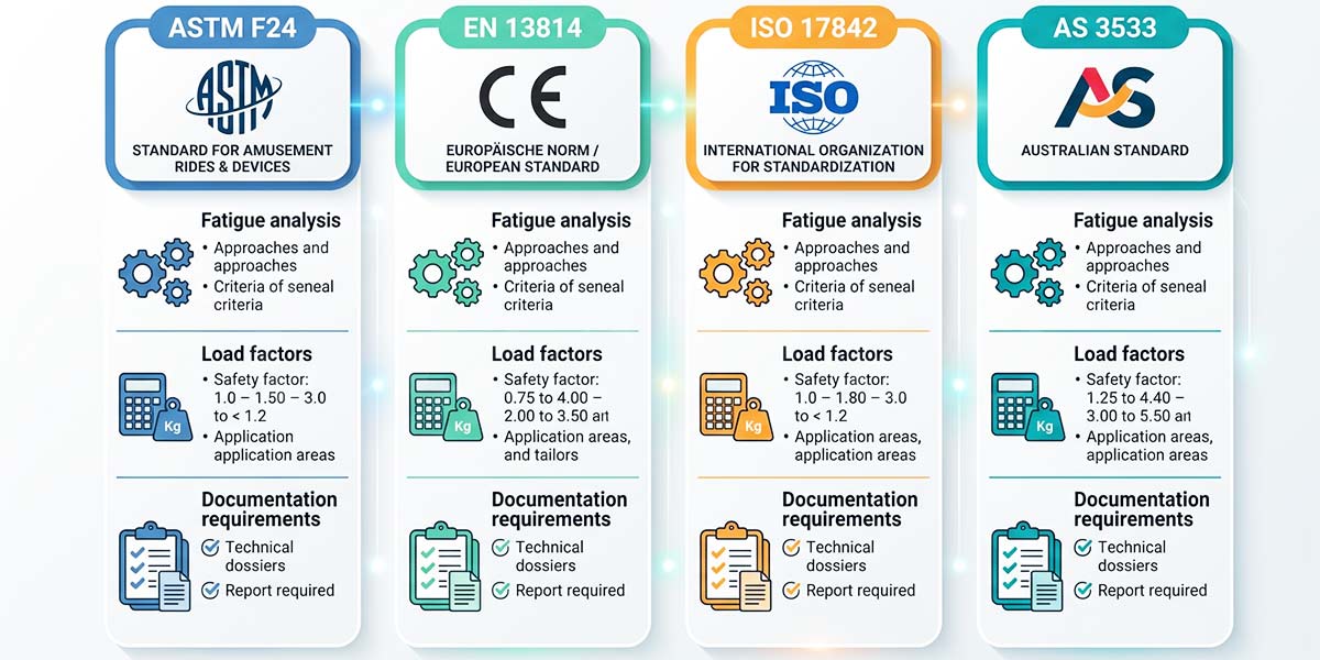جدول مقارنة معايير السلامة في ألعاب الملاهي يوضح متطلبات ASTM EN 13814 ISO 17842 و AS 3533